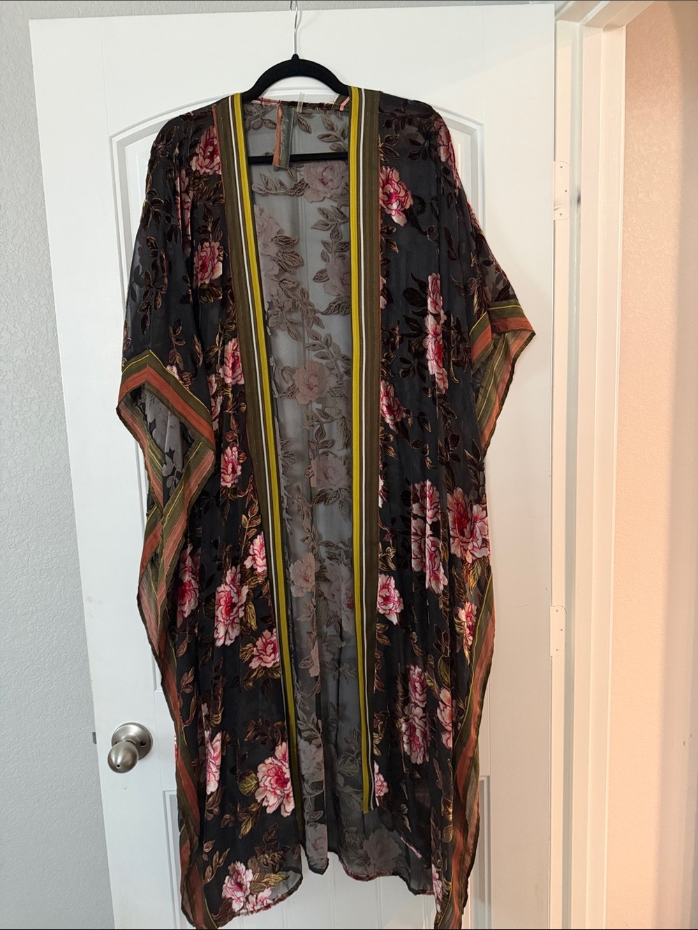 Sheer Floral Kimono Jacket - Black with Pink Roses